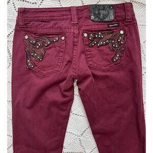 Miss Me Skinny Jeans Maroon Burgundy Denim Pants Embellished Bling Women's 28
